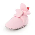 Detailed view of pink soft cotton baby sock shoes with non-slip soles and velcro strap - 11cm / Light Pink
