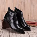 Men's black pointed-toe leather ankle boots with warm fleece lining and side zipper - 38 / Lace-up Fleece Lined Style / Black