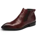 Elegant burgundy men's pointed-toe leather Chelsea boots with elastic sides and premium finish - 38 / Slip-on / Burgundy