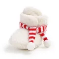 Close-up of white plush baby bootie with a red striped scarf decorative detail - White