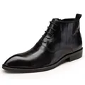 Elegant black leather men's pointed-toe business boots with functional side zipper - 40 / Lace-up Style / Black