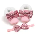 Süße rosa Pailletten-Babyschuhe und Stirband-Set mit weichem Kunstfellfutter - 12cm / Set / Rosa