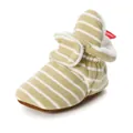 Detail view of khaki striped baby bootie with warm fleece lining and Velcro strap - 11cm / Yellow Stripes