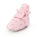 Close-up of soft pink baby walker sock shoes featuring grey star patterns and strap - 11cm/59g / Pink Star