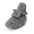 Close-up of gray baby bootie with black star pattern and soft knit texture. - 11cm/59g / Dark Grey Star
