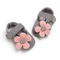 Detail view of grey knitted baby girl princess shoes featuring soft pink flower decoration - 11cm / Gray