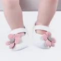 Detailed macro view of white knitted baby shoes featuring decorative pink flowers - 11cm / White