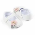 Close-up of cute white baby princess shoes with pink fabric flower and wooden button. - 11cm / 32g / Button Princess Style (6602-2) / White
