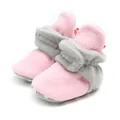 Close-up view of cozy pink and grey fleece baby booties featuring soft anti-slip soles - 13cm / Velcro Style / Pink & Grey