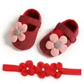 Macro view of red knit baby princess shoes and matching floral headband set for girls - 12cm / Small Flower & Headband Set / Red