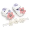 Detailed view of white knit baby princess shoes with pink floral and matching headband - 12cm / Small Flower & Headband Set / White