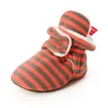 Detail view of baby striped walker sock shoe with soft fleece lining and warm cotton fabric - 11cm / Brick Red Stripes