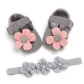 Detail of grey knitted baby shoes with pink flower and matching headband for infant girls - 12cm / Small Flower & Headband Set / Gray