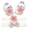 Soft sole baby girl shoes and lace headband set with pink floral and bow accents - White