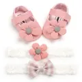 Infant girl pink flower knitted princess shoes and matching lace headbands set for babies - Pink