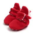 Close-up of red fleece baby winter booties with soft faux fur lining and adjustable strap. - 11cm / Velcro Style / Red