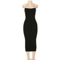 Close-up of black bodycon midi dress with white contrast spaghetti straps. - M / Dresses / Black