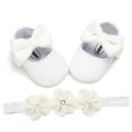 White knit baby girl Mary Jane shoes with large bow and matching flower headband set - White