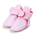Close-up of pink and white striped baby soft sole booties with adjustable velcro strap - 11cm / Pink Striped