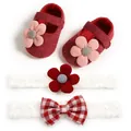 Cute baby girl flower princess shoes and lace headband gift set for 0-1 year old infants - Red