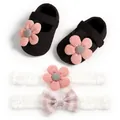 Detailed view of black knitted baby girl shoes with pink flower and lace headbands set - Black