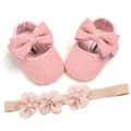 Pink knitted baby shoes with large bow and matching floral headband set - 12cm / Pink Butterfly Headband