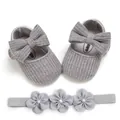 Grey knitted baby princess shoes with large bows and matching floral headband set - Gray