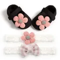 Detailed view of black knit baby girl shoes and lace headbands with pink flower accent - 12cm / 3D Flower Set / 2PCS / Black