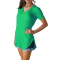 Side view of a bright green loose fit V-neck T-shirt with a stylish curved hemline - S / Tops / Green