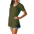 Women's classic olive green V-neck short sleeve T-shirt with comfortable loose fit design - Army Green