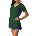 Dark green V-neck short sleeve T-shirt for women featuring a relaxed fit and curved hemline. - Dark Green