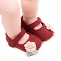 Soft burgundy ribbed knit baby girl princess shoes with fabric flower and button detail - Insole Length 11cm / Red