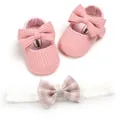 Pink knitted soft sole baby shoes and matching lace bow headband two-piece princess gift set - 12cm / Bowknot Hairband Set / Pink