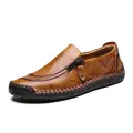 Herren Freizeitschuhe aus braunem Echtleder mit Reißverschluss und Handnaht Details - Gelbbraun