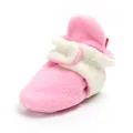 Soft pink fleece baby bootie with cream strap for infant first walkers, SKU M1920 - 11cm / Fleece Lined Style / Pink White Patchwork