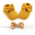 Yellow knitted baby shoes with bows and matching gingham headband 2-piece set - 12cm / Yellow Butterfly A
