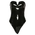 Body sexy en similicuir noir verni pour femme avec décolleté en V sans bretelles - S / Hauts / Noir