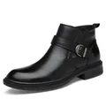 Eleganter Herren-Stiefelette aus schwarzem Rindsleder mit Schnallenverzierung - 38 / Glatte Oberfläche Stil (FS9911) / Schwarz