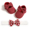 Red ribbed knit baby shoes and matching checkered bow lace headband set for infants - 12cm / Red Butterfly A