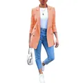 Detailed full-body view of women's orange mid-length blazer jacket with lapel collar - S / Pink