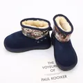 Close-up of children's navy blue snow boots with warm fur lining and teddy bear pattern - Size 26 (Inner 16cm) / Cartoon Bear Style (6833) / Blue
