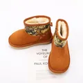 Detailed macro view of brown suede children's winter snow boots with warm faux fur lining. - Size 27 (Inner 16.5cm) / Cartoon Bear Style (6833) / Camel