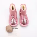 Detailed view of pink glitter children's snow boots with decorative bows and fur lining - Size 28 (Inner Length 17.5cm) / Pink (5616-1)
