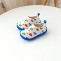 Toddler slip-on walking shoes with colorful car pattern and blue soles on white background - MH Colorful Cars