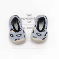 Leopard print knit baby walking shoes with flexible soft grey rubber soles for indoor use - Blue Leopard