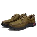 Chaussures de randonnée décontractées pour hommes en cuir vert olive avec semelle en caoutchouc. - 49 / Style à Lacets (3238) / Kaki