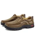 Mocassins décontractés en cuir marron pour hommes avec mesh respirant et semelle antidérapante - 49 / Style Slip-on Perforé (3237-1) / Kaki