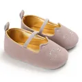 Detail view of pink baby walking shoes with embroidered cat face and golden lining - Gray