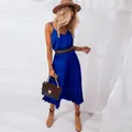 Sexy royal blue V-neck pleated midi dress with spaghetti straps for spring and summer - M / Dresses / Blue