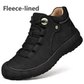 Black genuine leather outdoor casual boots for men with warm fleece lining and soft sole - 38 / Fleece Lined Shoes (D9659) / Black
